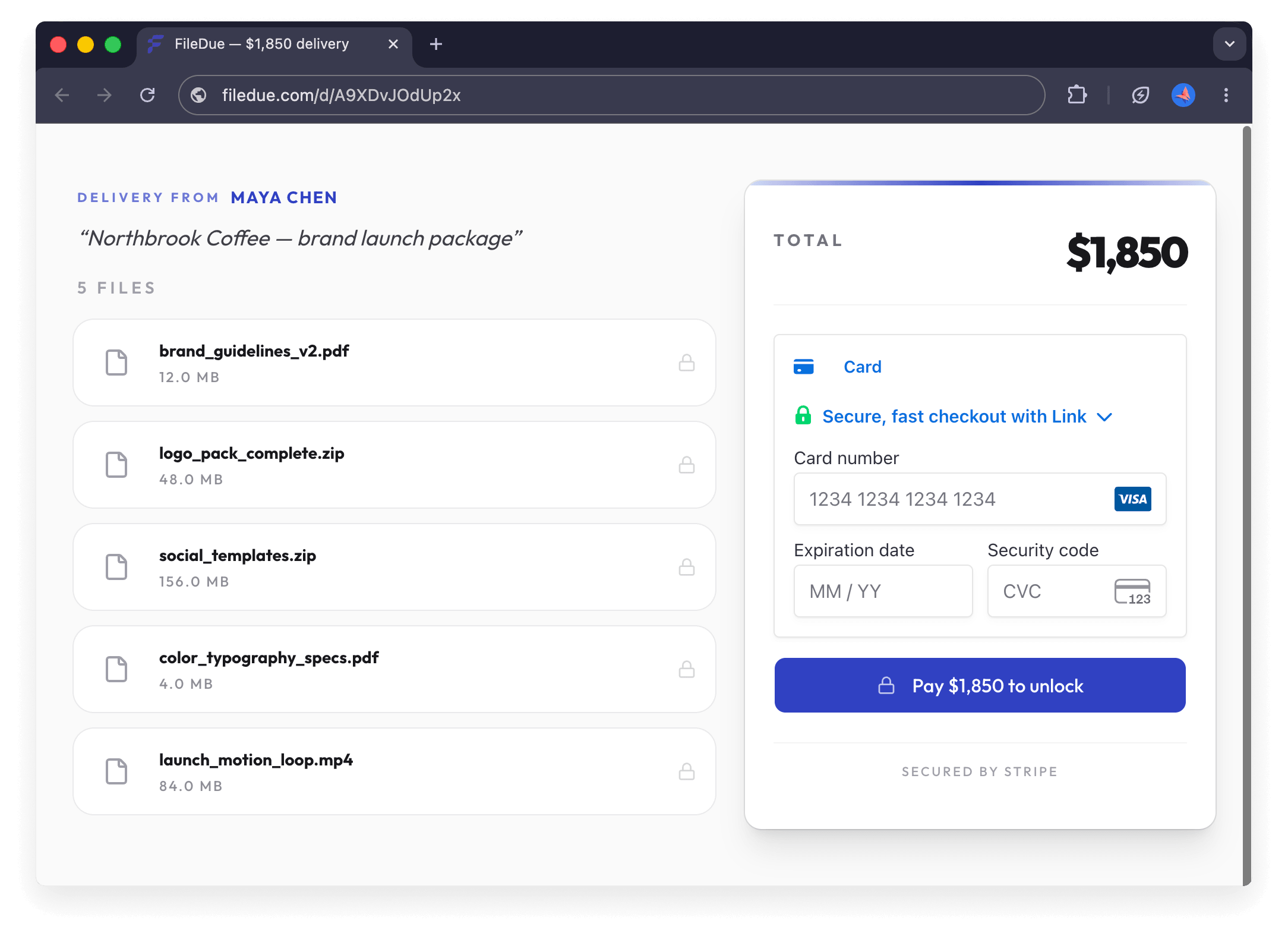 A FileDue paid file delivery with five locked branding files and a $1,850 payment form
